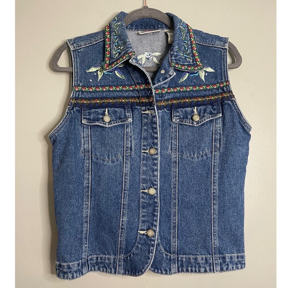 Bill Bass Medium Vest Vintage 90s Denim Embroidered Floral Rhinestone Y2K Rose
